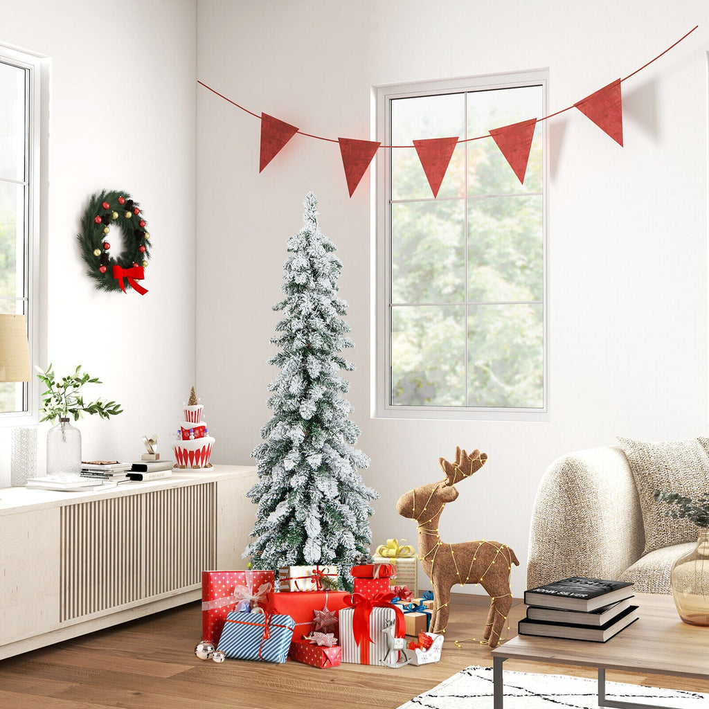 4/5/6 Feet Pre-Lit Artificial Christmas Tree Snow-Flocked Slim Pencil Christmas Decor-5 ft
