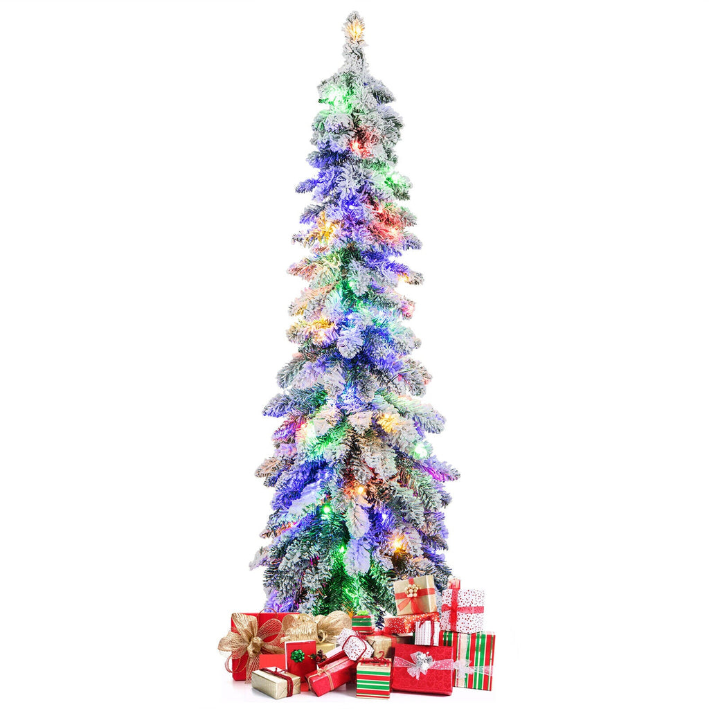 4/5/6 Feet Pre-Lit Artificial Christmas Tree Snow-Flocked Slim Pencil Christmas Decor-5 ft