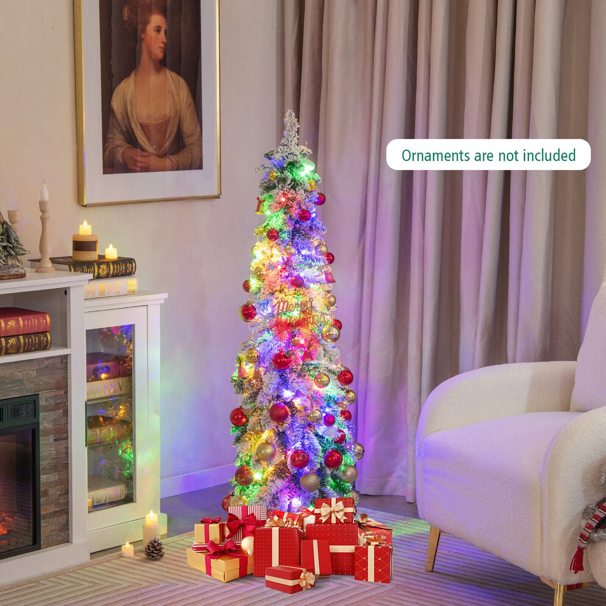 4/5/6 Feet Pre-Lit Artificial Christmas Tree Snow-Flocked Slim Pencil Christmas Decor-5 ft