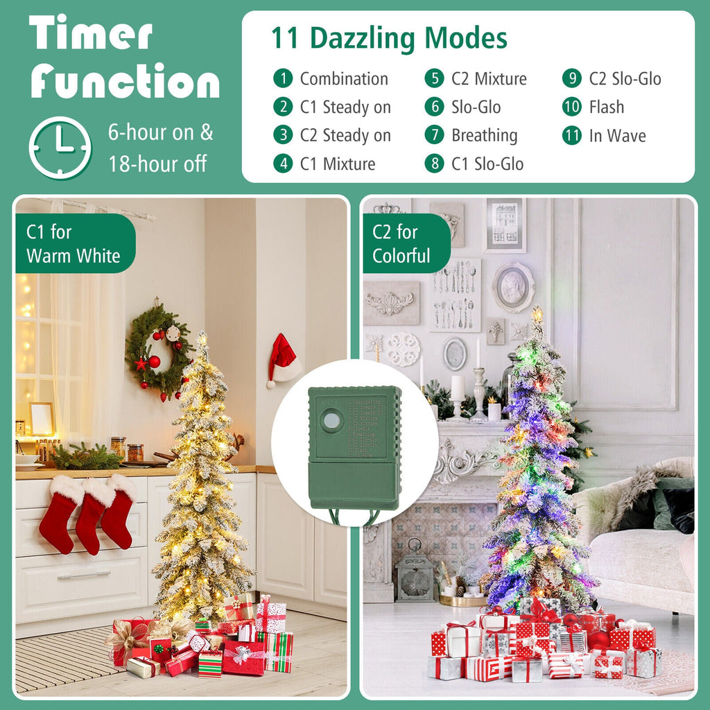 4/5/6 Feet Pre-Lit Artificial Christmas Tree Snow-Flocked Slim Pencil Christmas Decor-5 ft