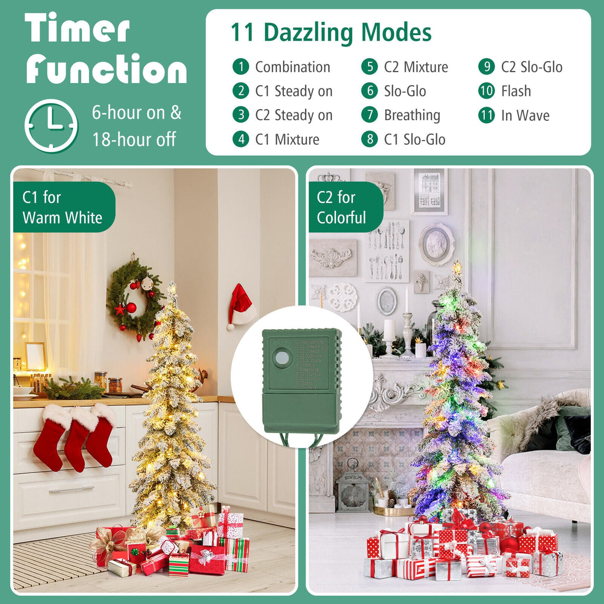 4/5/6 Feet Pre-Lit Artificial Christmas Tree Snow-Flocked Slim Pencil Christmas Decor-5 ft