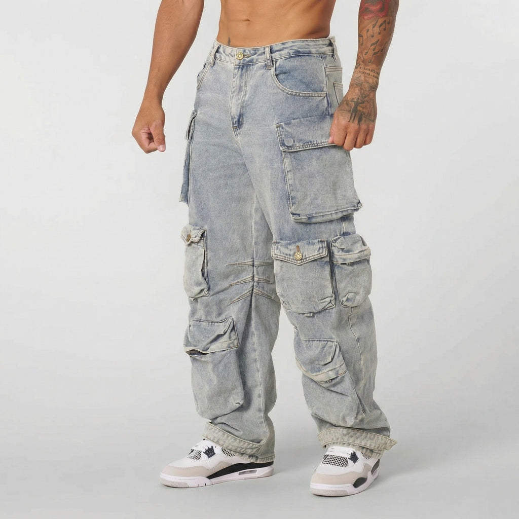 Men's Washed Straight-Leg Multi-Pocket Jeans