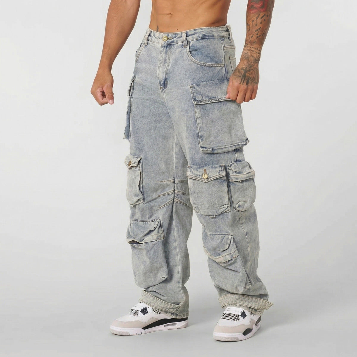Men's Washed Straight-Leg Multi-Pocket Jeans