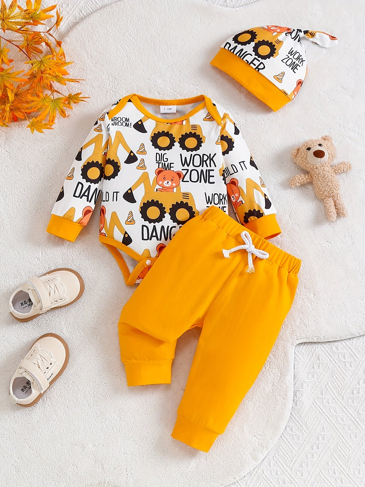Baby Bear & Excavator Knit Romper, Pants & Beanie Set