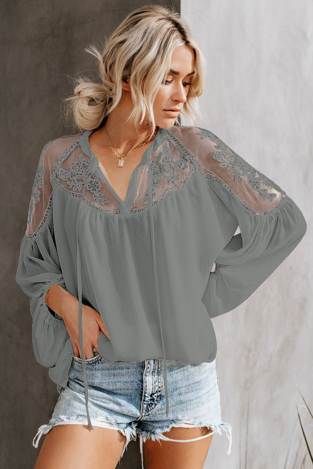Lace-Detail Tie-Neck Blouse