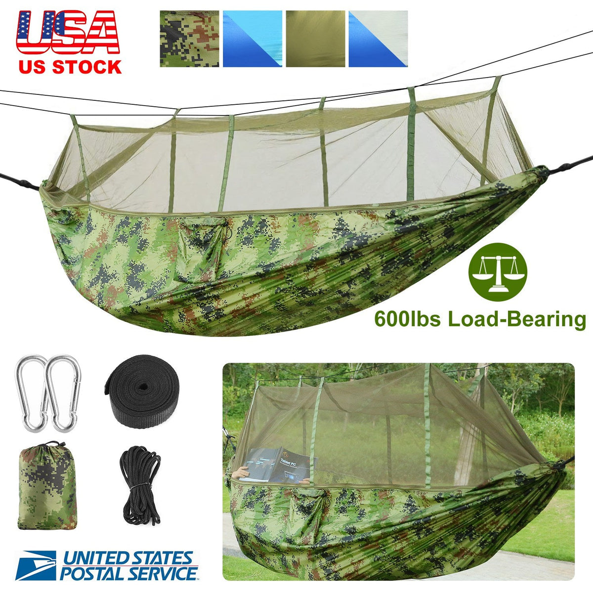 2-Person Camping Hammock with Mosquito Net — 600 lb Capacity