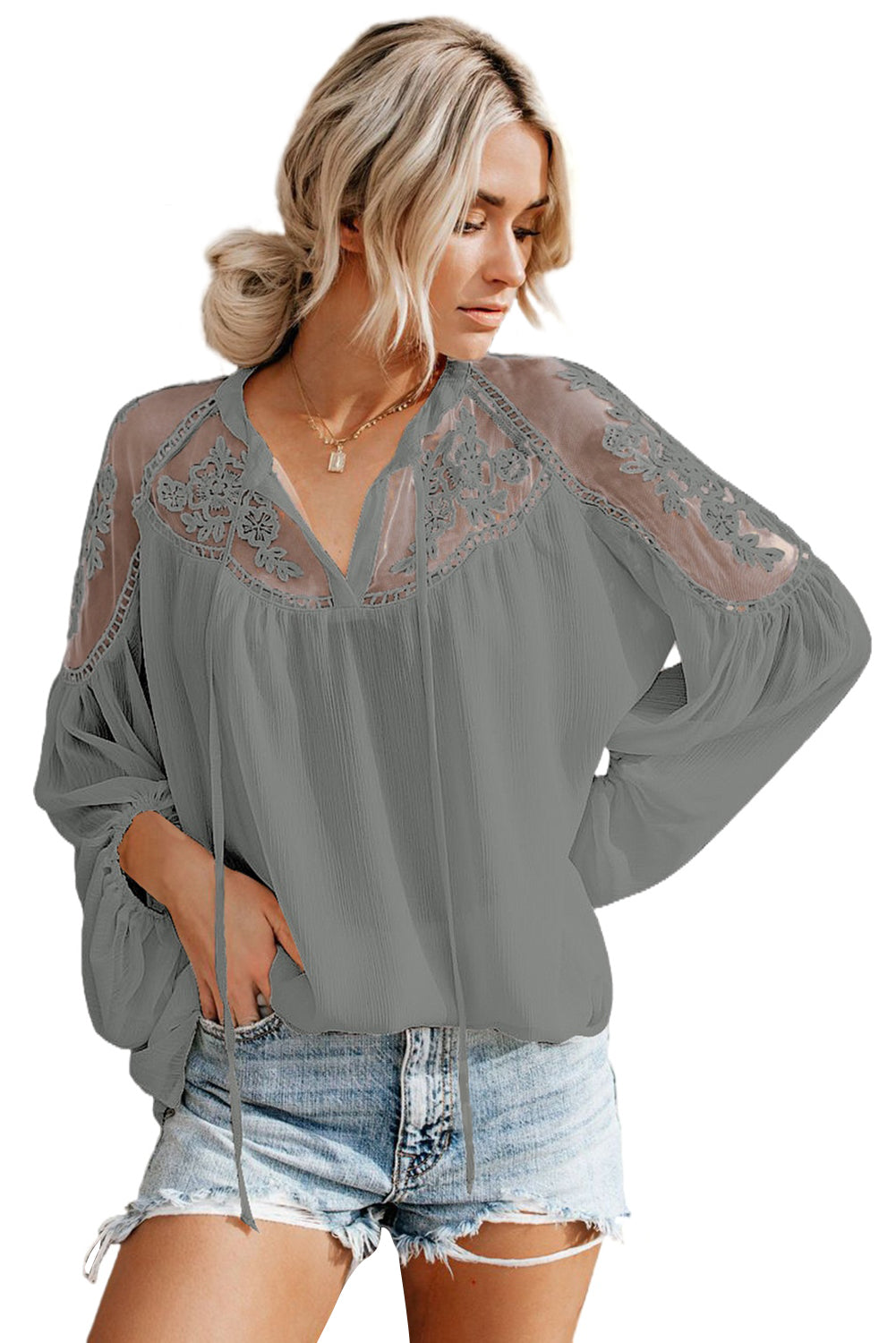 Lace-Detail Tie-Neck Blouse