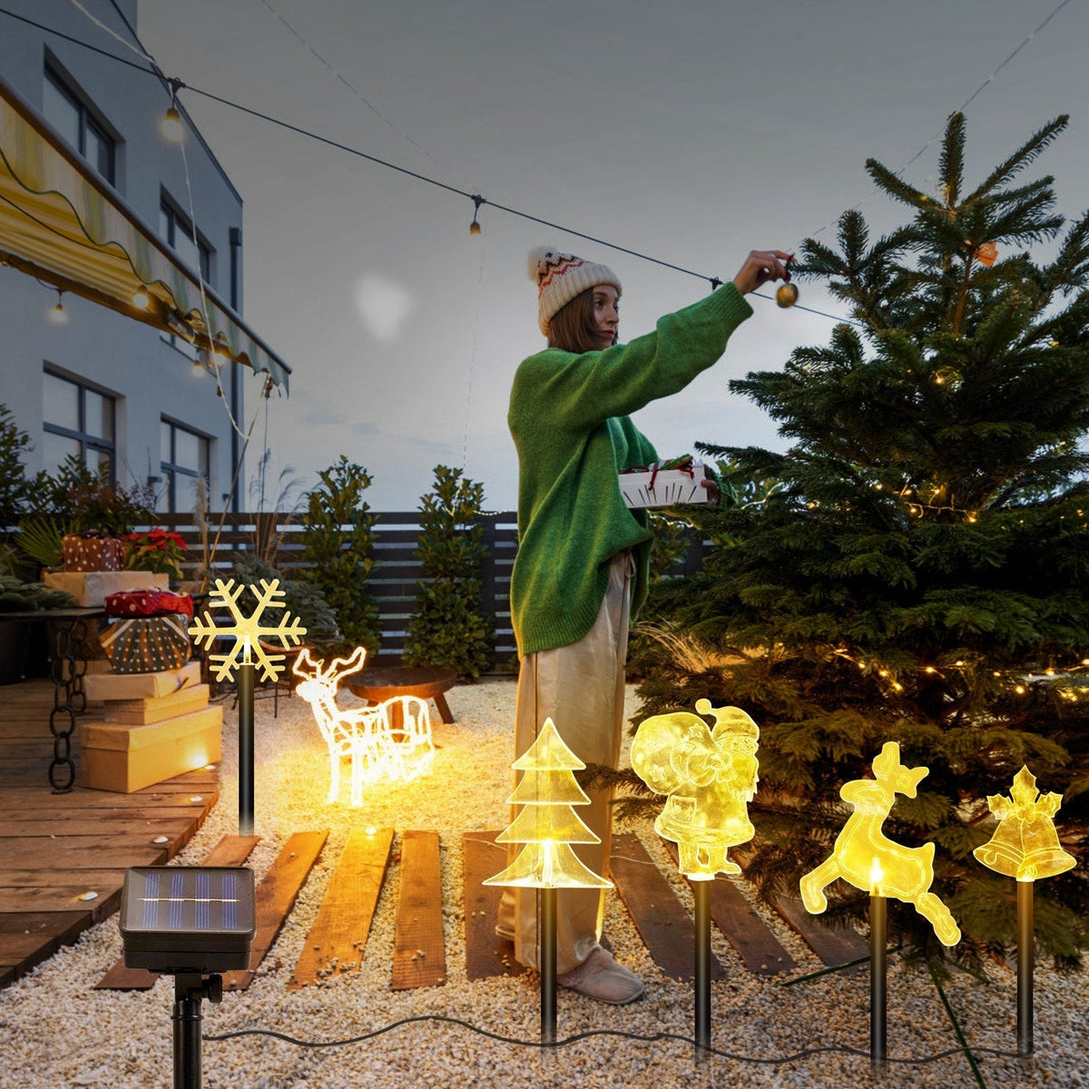 5Pcs Mixed Christmas Decoration Light Solar Stake Light Waterproof Reindeer Snowflake Bell