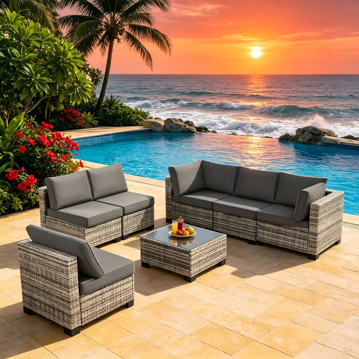 7-Piece Outdoor Patio Furniture Set, All-Weather Wicker Rattan Sectional Sofa With Thick Cushions & Glass Table, Modular Patio Conversation Furniture For Backyard, Poolside & Garden -Grey-Grey