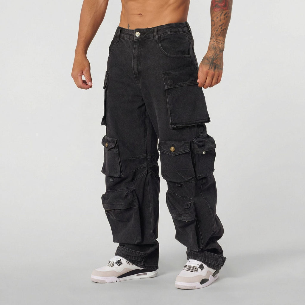 Men's Washed Straight-Leg Multi-Pocket Jeans