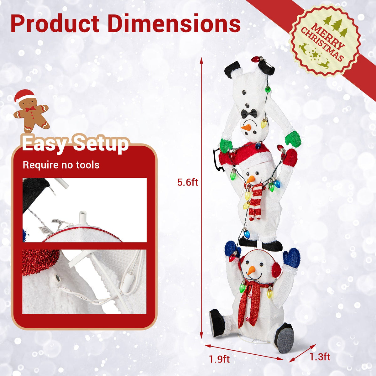 5.6 Feet Lighted Stacked Snowmen Christmas Decoration