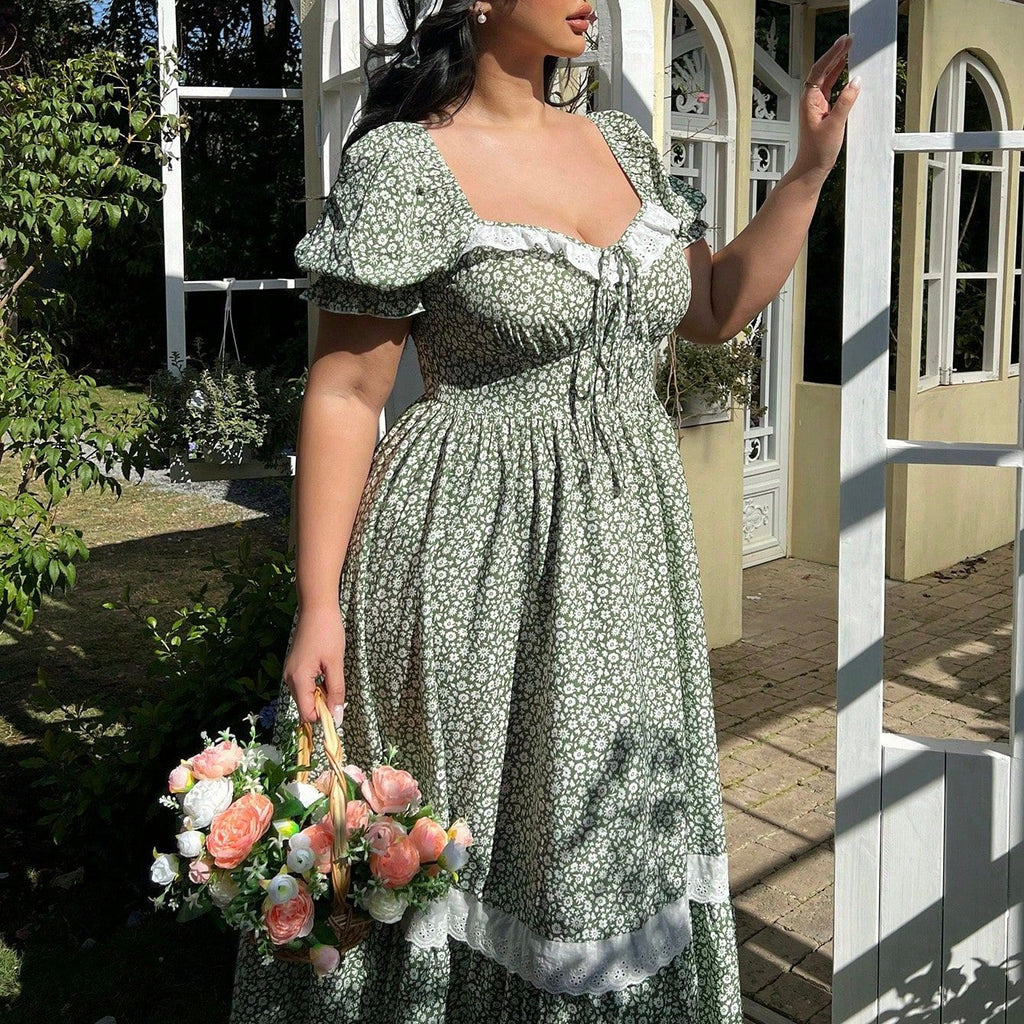 Women's Plus Size Ruffle Square-Neck Puff-Sleeve Dress