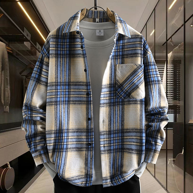 Vintage Plaid Long Sleeve Collar Men's Thickened Brushed Flannel Shirt