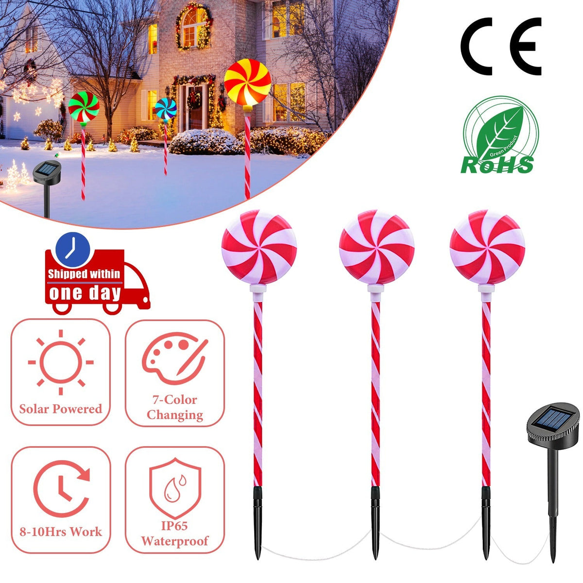 Solar Christmas Candy Light Set of 3 IP65 Waterproof Solar Lollipops Stake Lamp for Patio Yard
