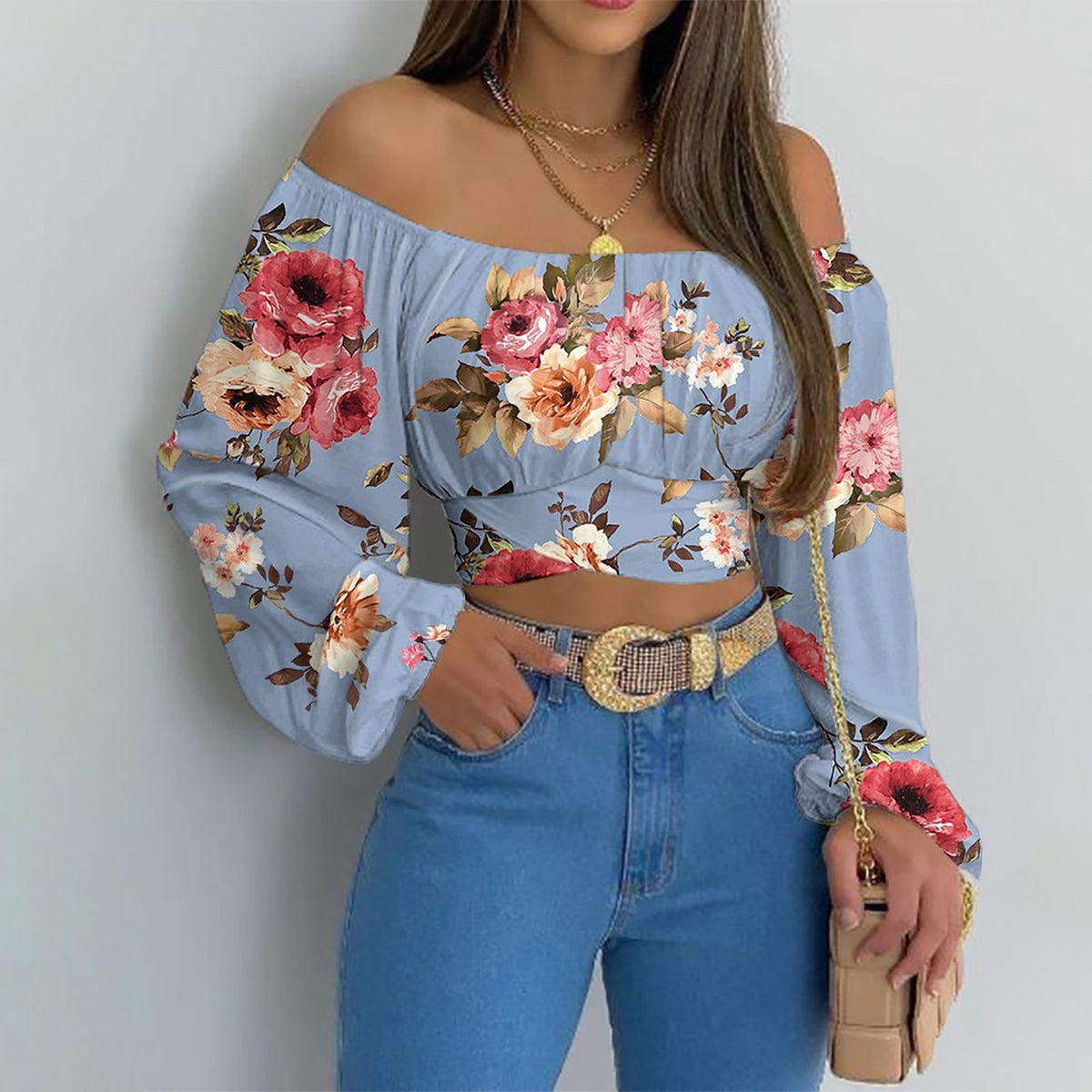 Off-Shoulder Lace-Up Long-Sleeve Top