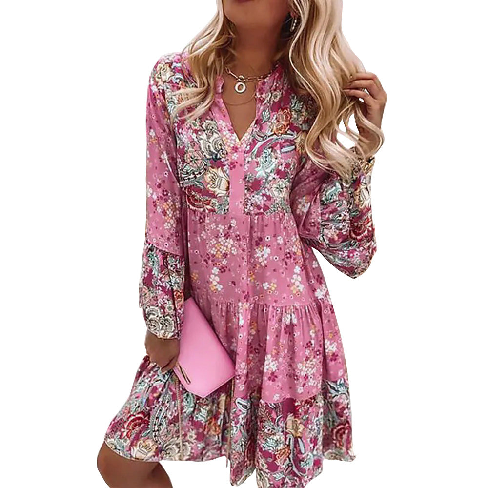 Women's Plus Size V-Neck Floral Flare-Sleeve Dress