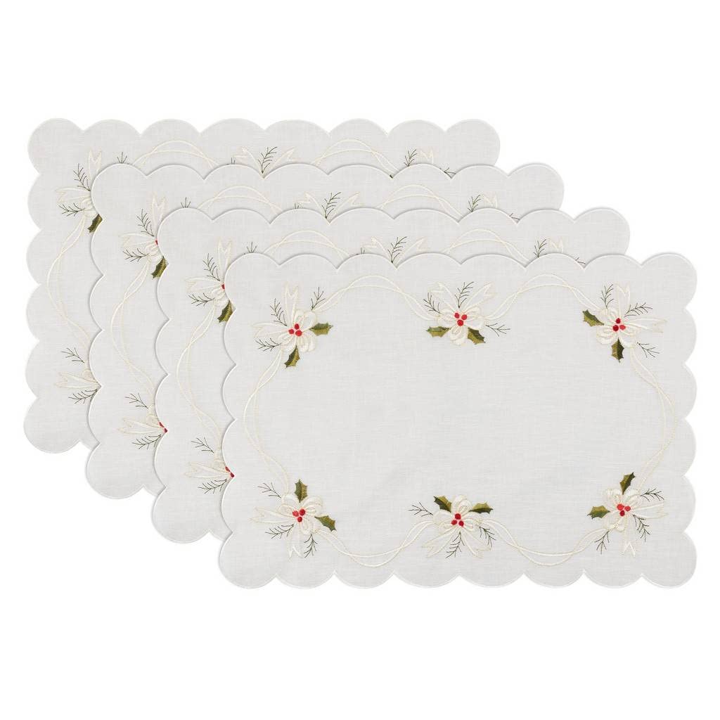 Holly & Ribbon Embroidered Christmas Table Linens
