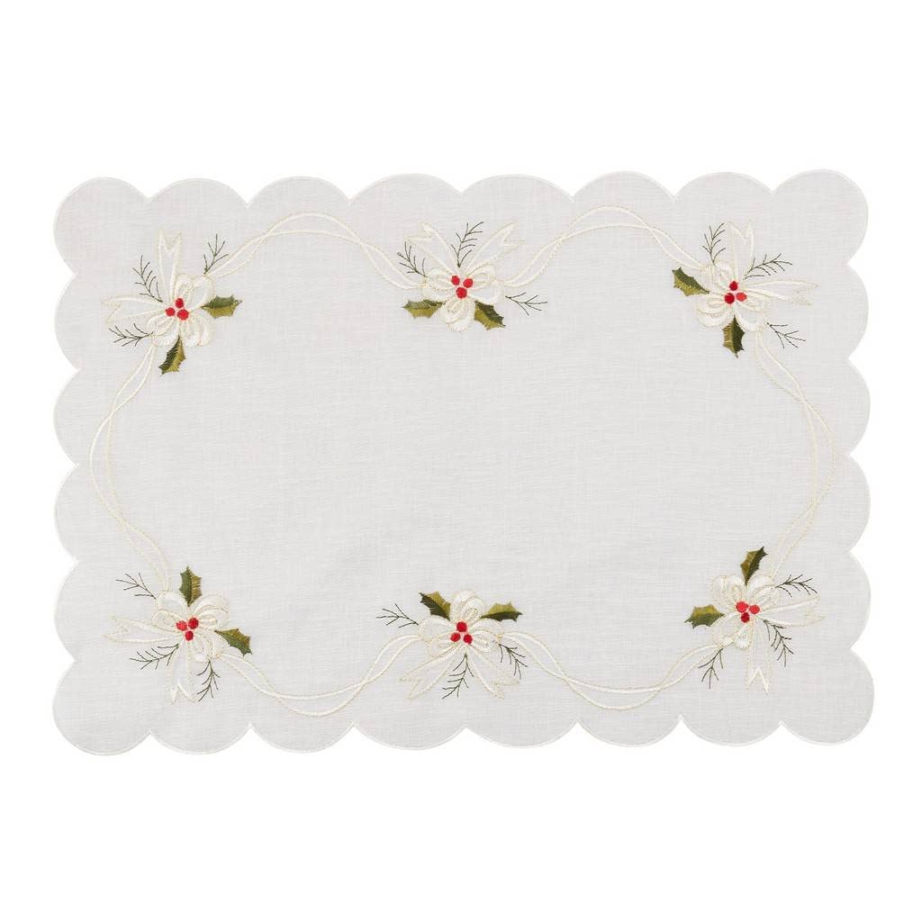 Holly & Ribbon Embroidered Christmas Table Linens