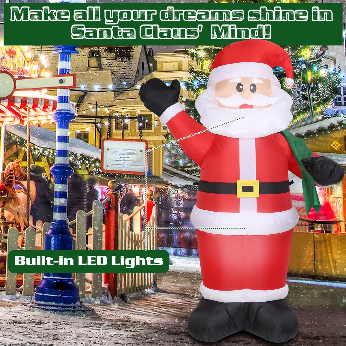 6.4ft Inflatable Christmas Giant Santa Claus Blow up Light up Santa Claus with LED Lights Gift Bag