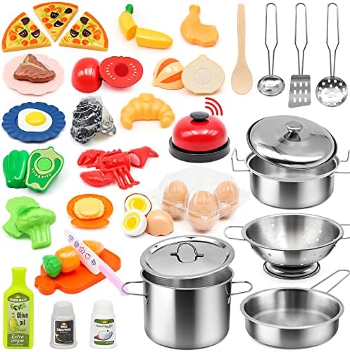 Kids’ Kitchen Playset with Stainless Steel Cookware & Play Food, 38 Pieces