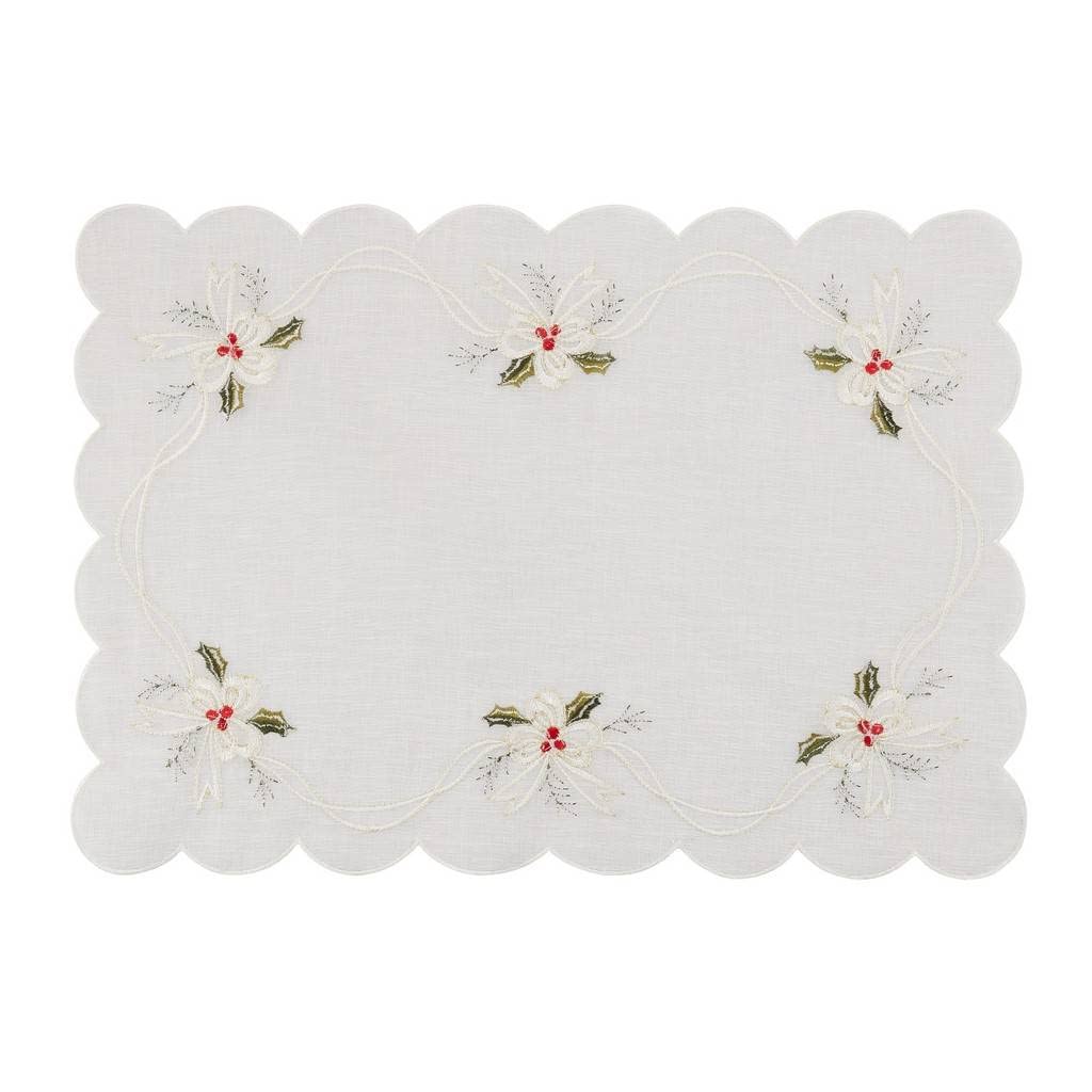 Holly & Ribbon Embroidered Christmas Table Linens