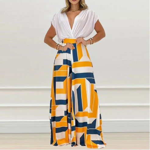 Printed V-Neck Top & Wide-Leg Pants Set