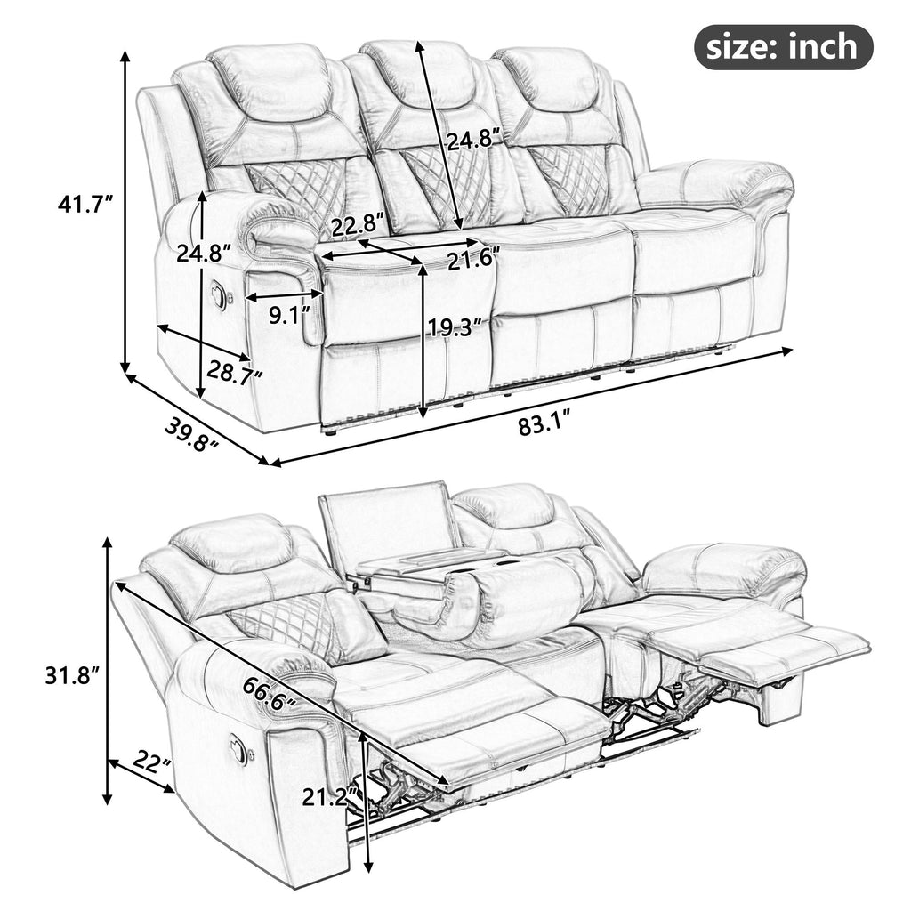 3 Pieces Recliner Sofa Sets Home Theater Seating Manual Recliner Chair With Center Console And LED Light Strip For Living Room