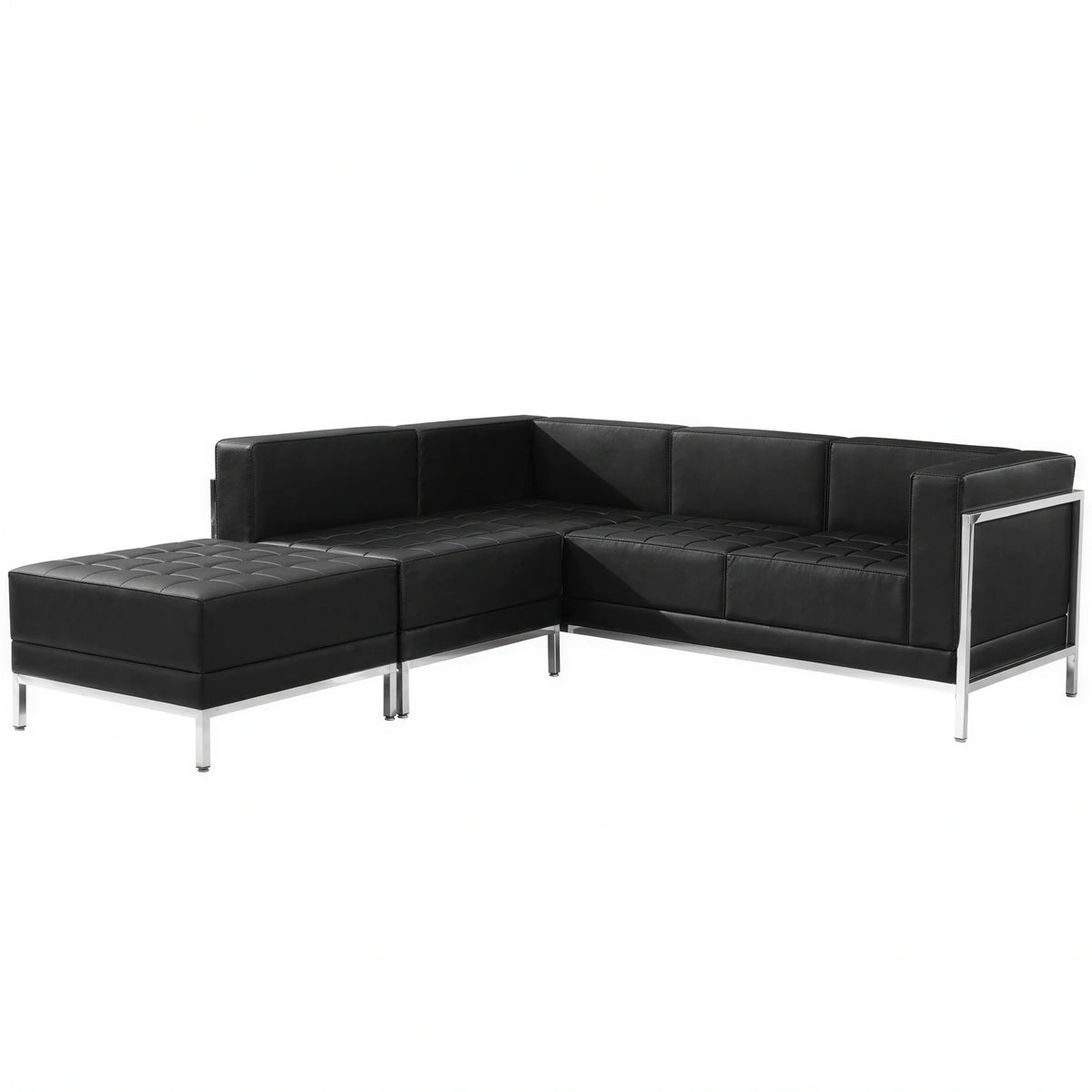 Flash Furniture Hercules - Imagination ZB-IMAG-SECT-SET9-GG 3-Piece Modular Sectional Sofa with Ottoman, Black LeatherSoft, Stainless Steel Legs