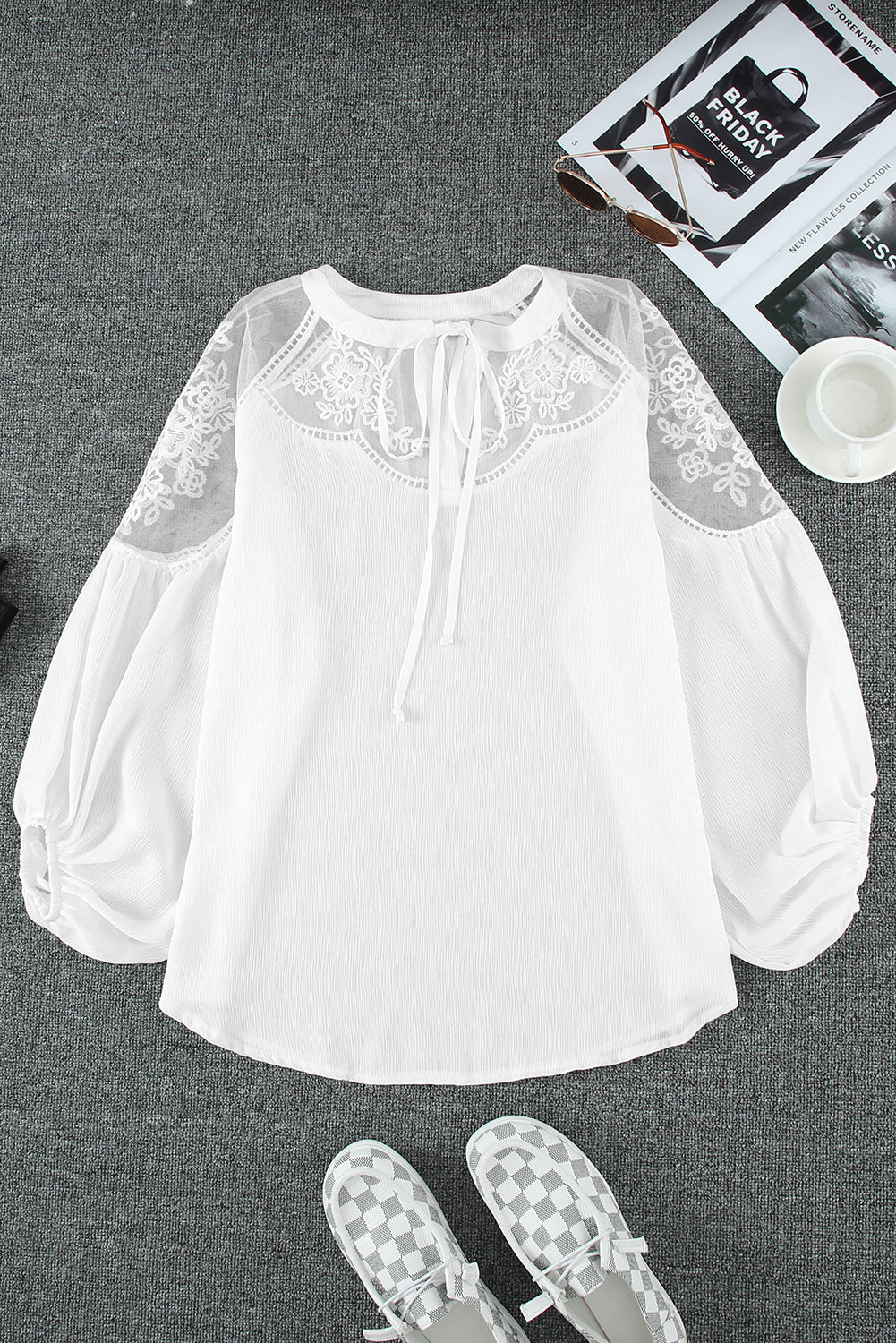 Lace-Detail Tie-Neck Blouse