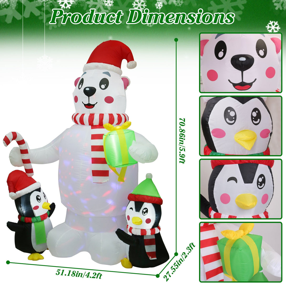 5.9 ft Christmas Inflatable Outdoor Decoration Polar Bear Gift Box Penguin Blow Up Yard Decoration