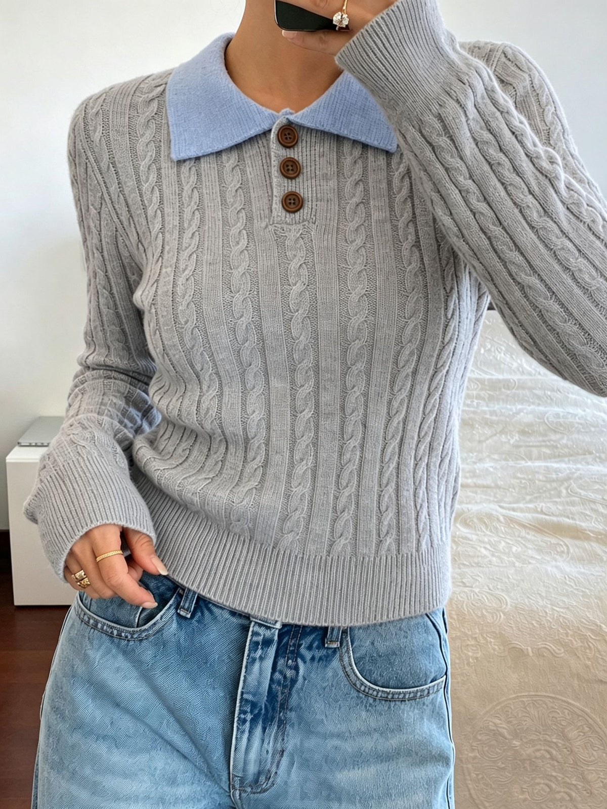 Polo-Collar Long-Sleeve Sweater