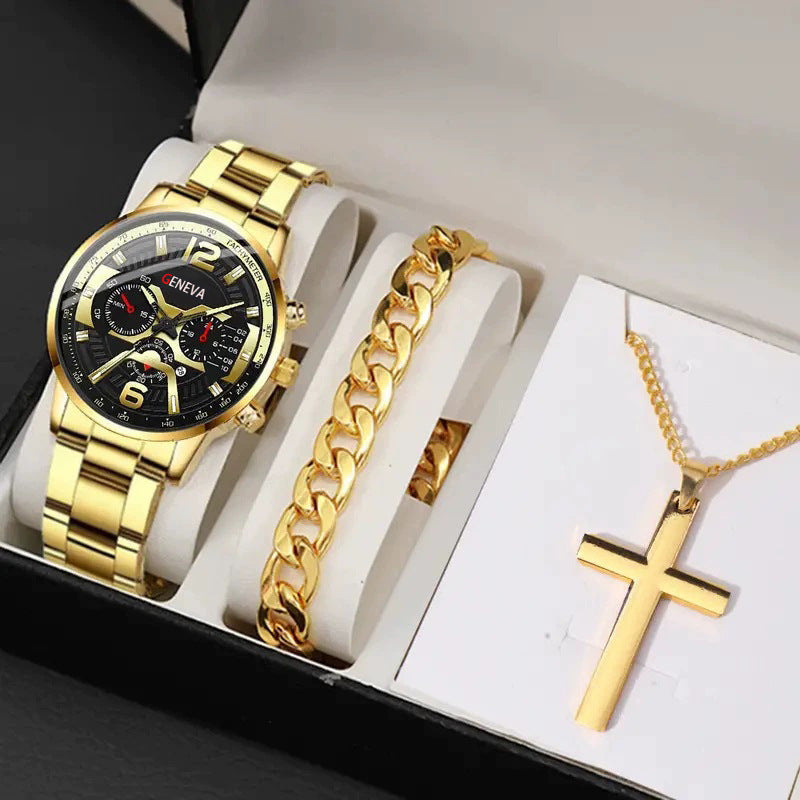 Men's Watch, Cross Necklace & Bracelet Set