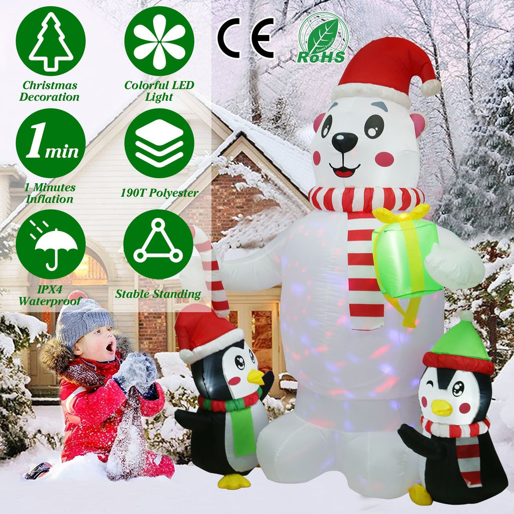 5.9 ft Christmas Inflatable Outdoor Decoration Polar Bear Gift Box Penguin Blow Up Yard Decoration