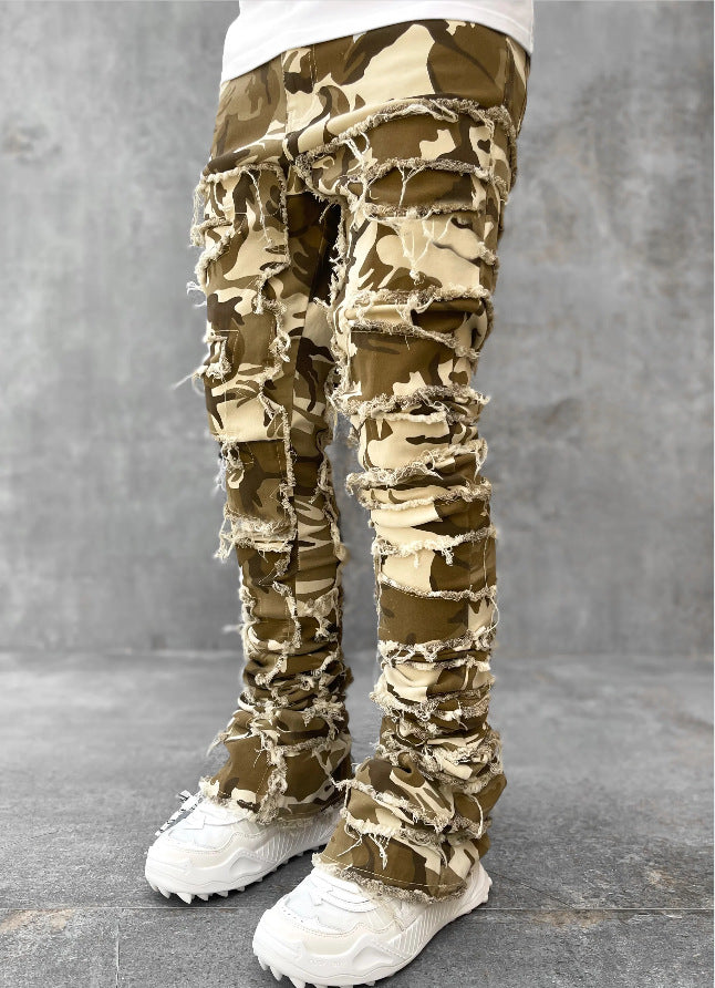 Men's Distressed Patchwork Stacked Jeans