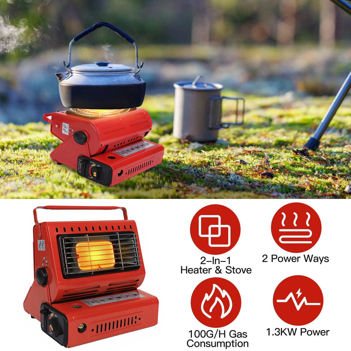 2-in-1 Portable Butane Camping Heater & Cooking Stove