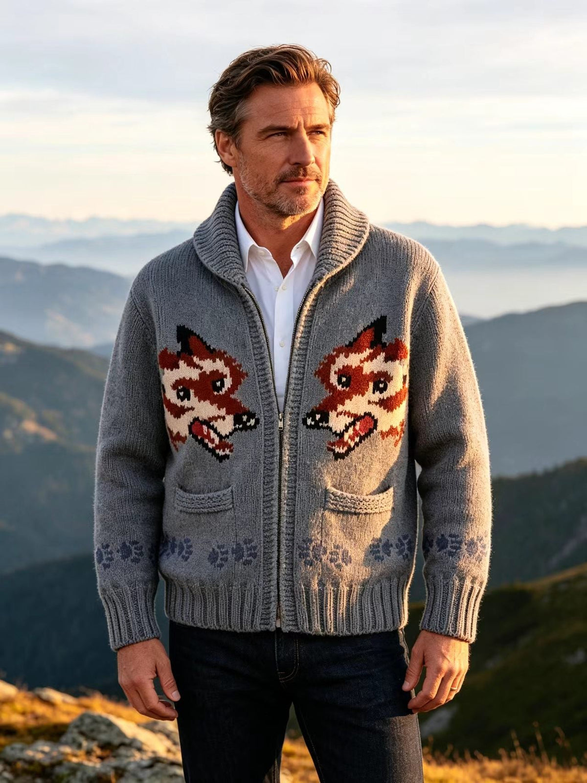 Men's Fox-Pattern Zip-Up Jacquard Cardigan