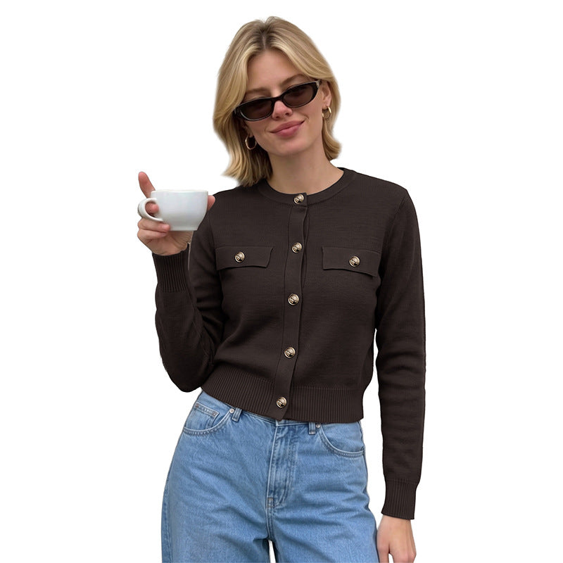 Coffee Brown Round-Neck Cardigan