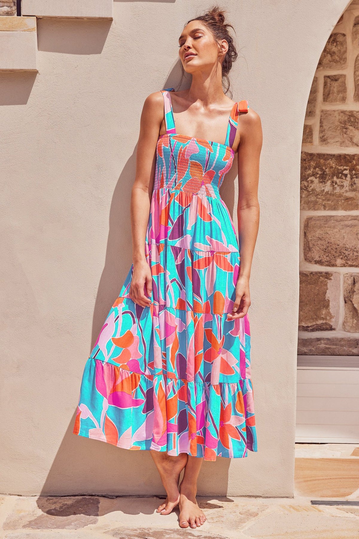 Printed High-Waist Pleated Maxi Dress