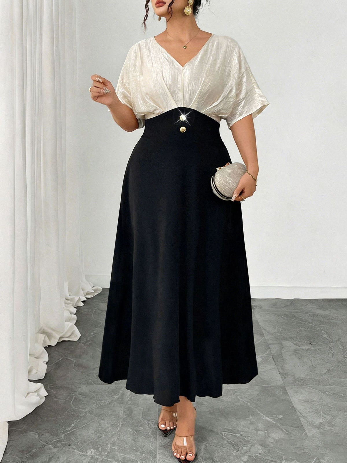 Women's Plus Size V-Neck Colorblock Maxi Dress