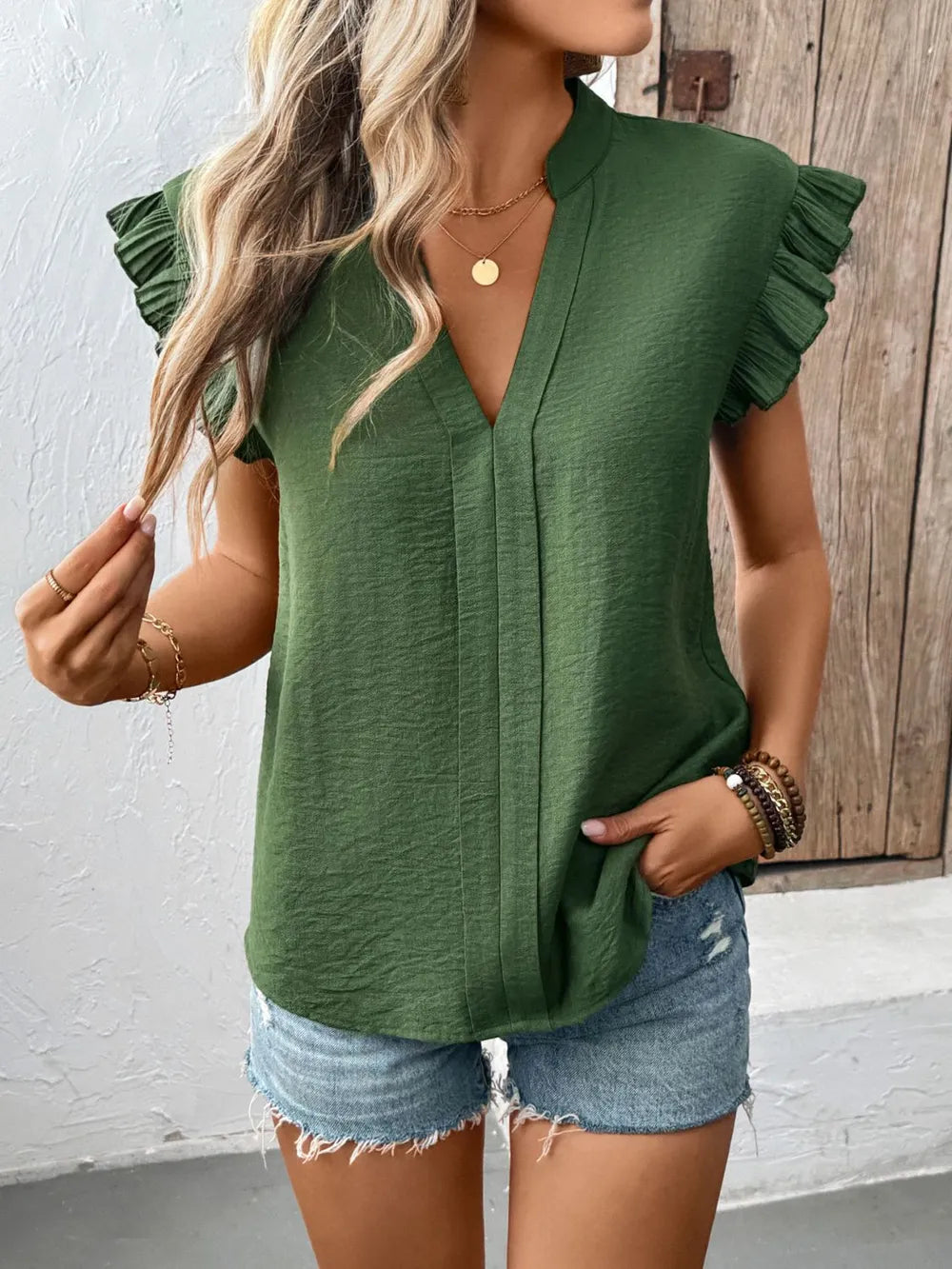 Ruffled Cap-Sleeve V-Neck Blouse
