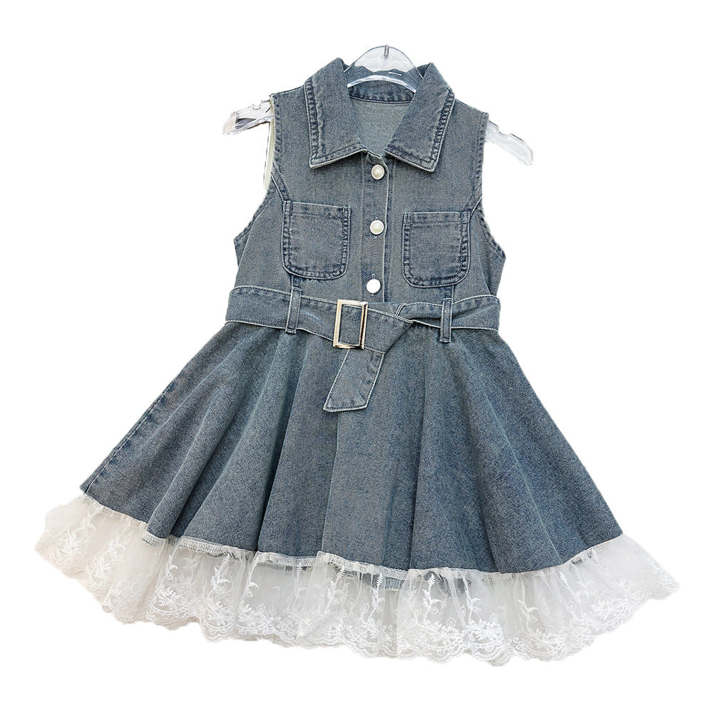 Girls’ Sleeveless Denim Dress with Lace Trim