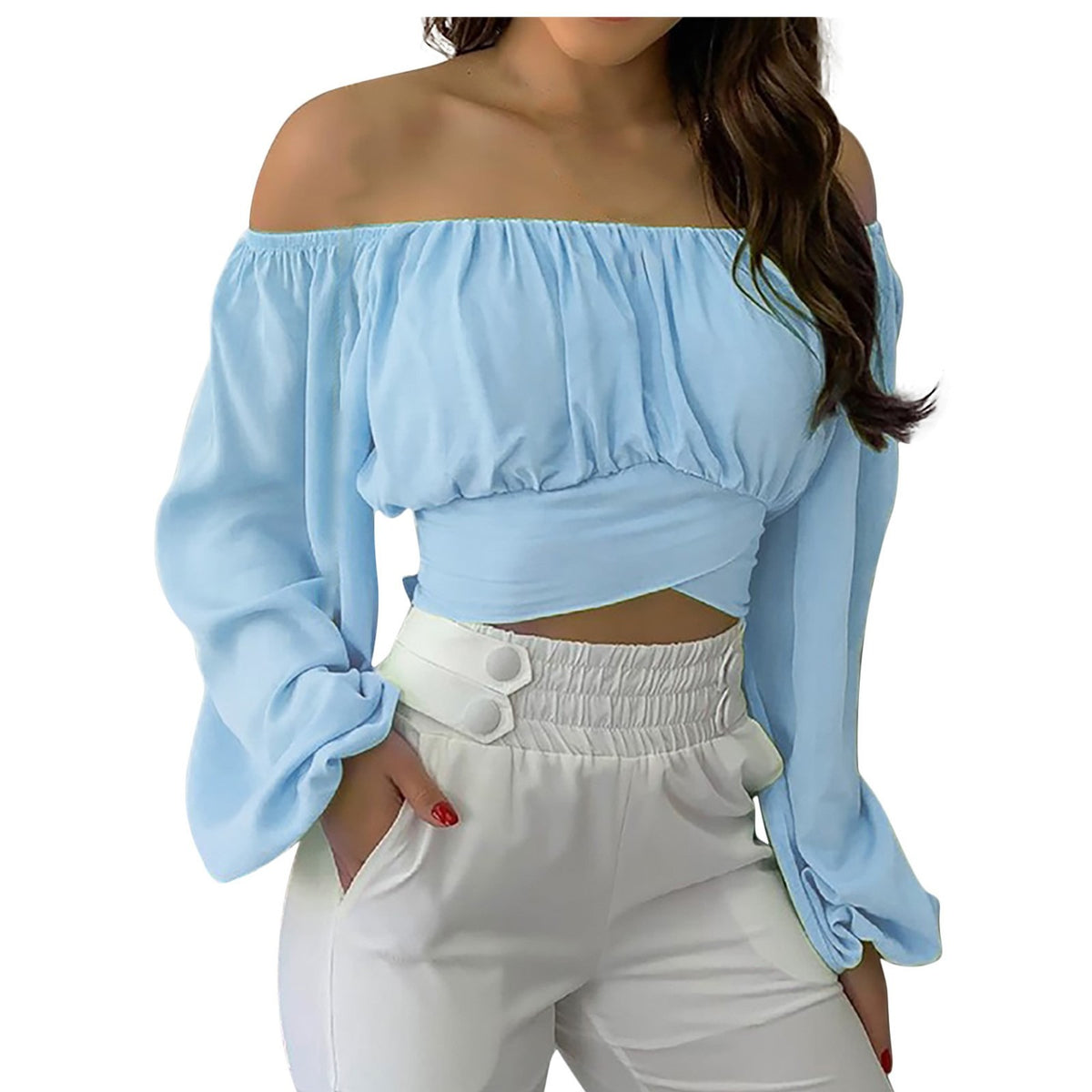 Off-Shoulder Lace-Up Long-Sleeve Top