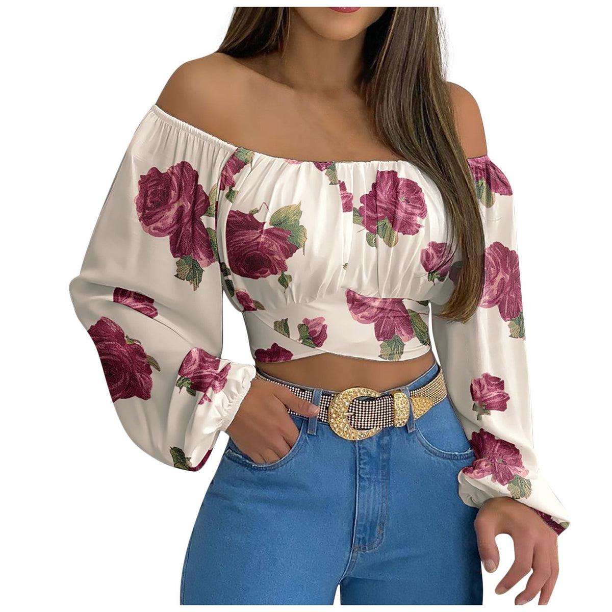 Off-Shoulder Lace-Up Long-Sleeve Top