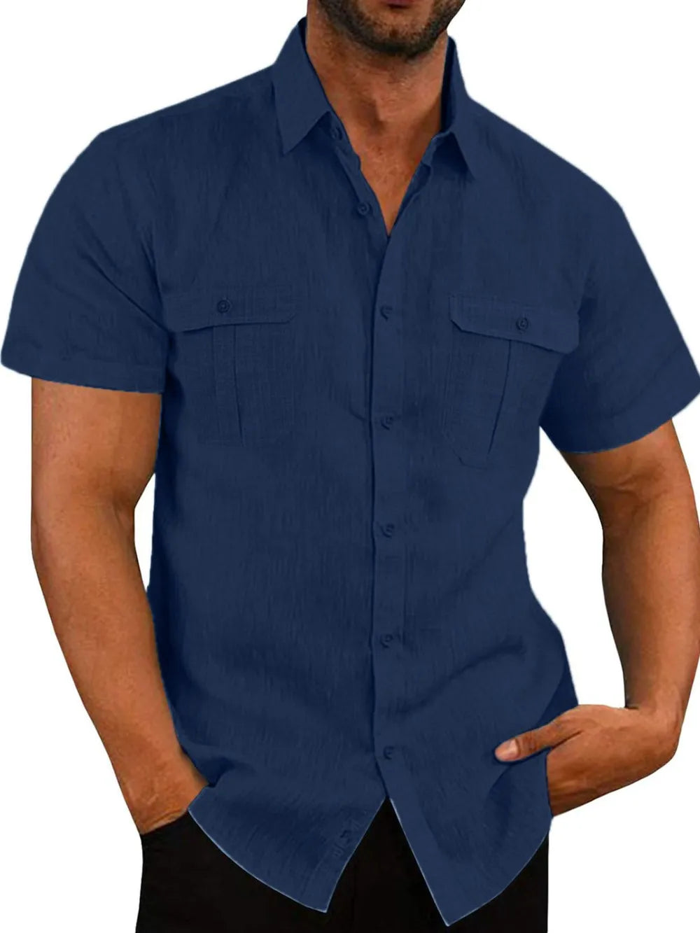 Men's Plus Size Short-Sleeve Linen-Cotton Shirt