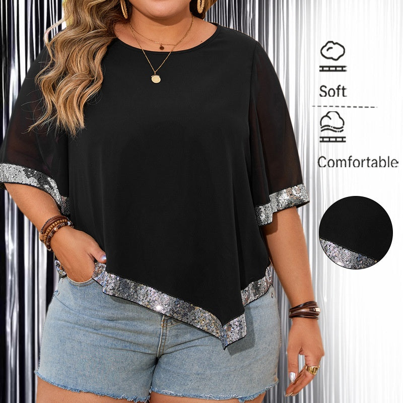 Women's Plus Size Asymmetric-Hem Crewneck Top