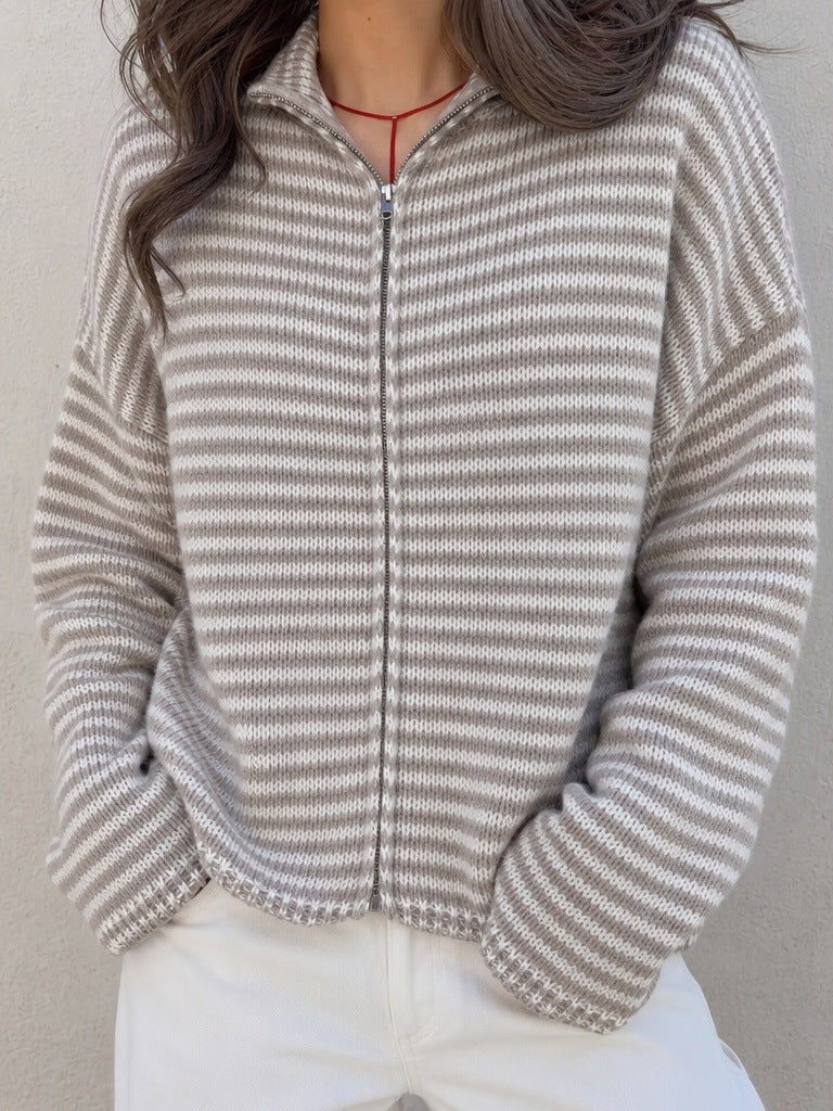 Contrast Stripe Zip-Front Sweater