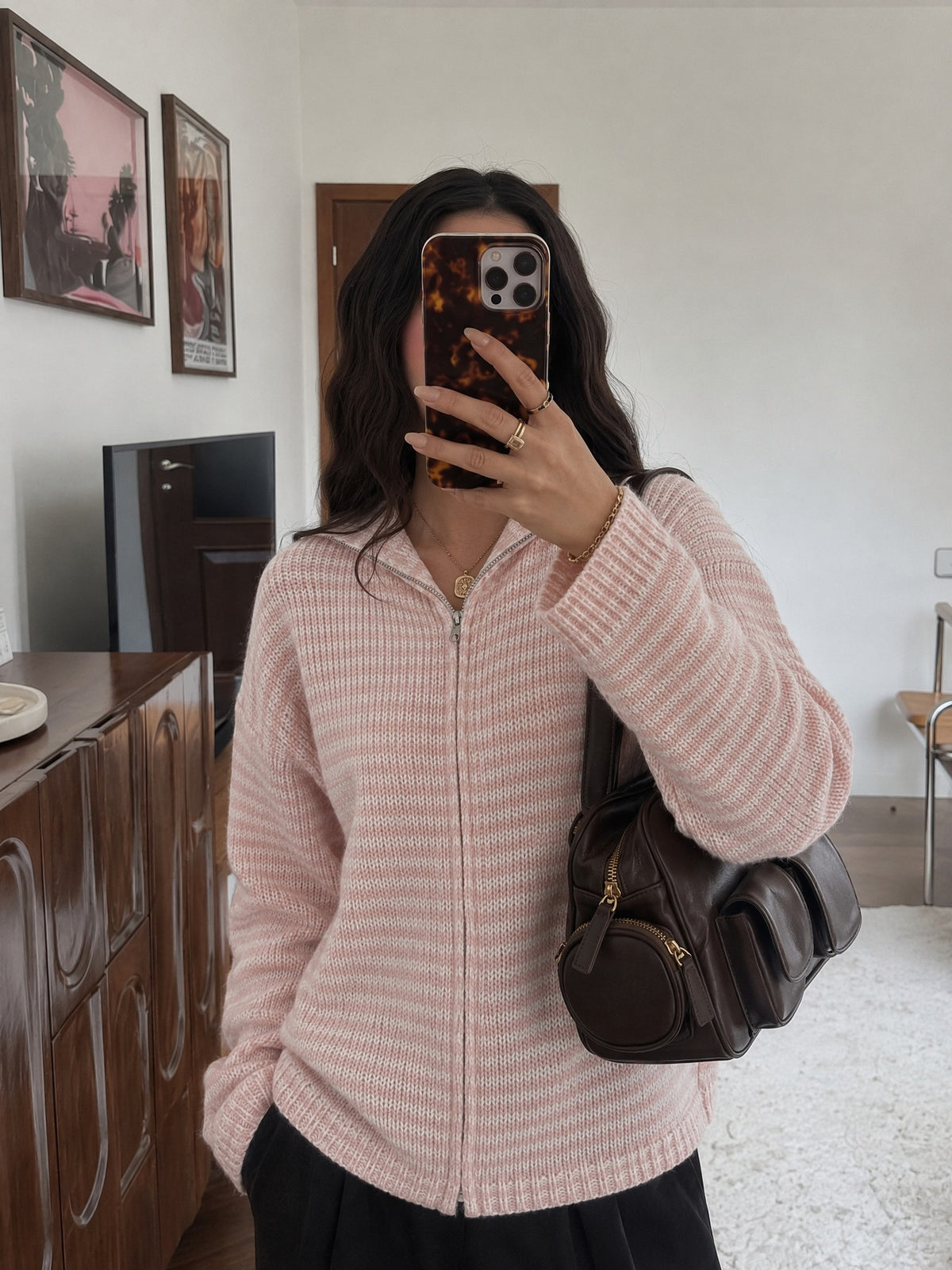Contrast Stripe Zip-Front Sweater