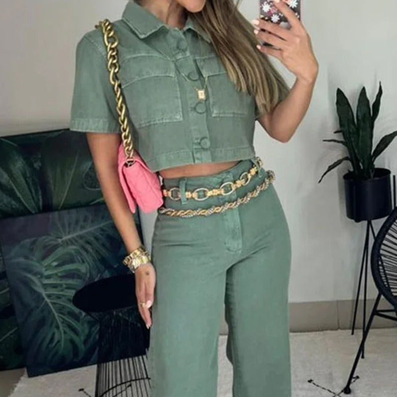 Lapel-Detail Top & Wide-Leg Pants Set