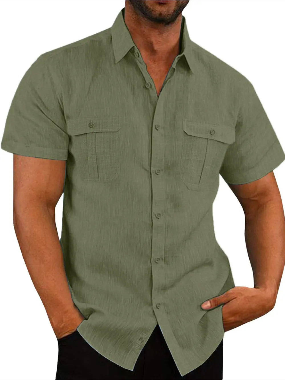 Men's Plus Size Short-Sleeve Linen-Cotton Shirt