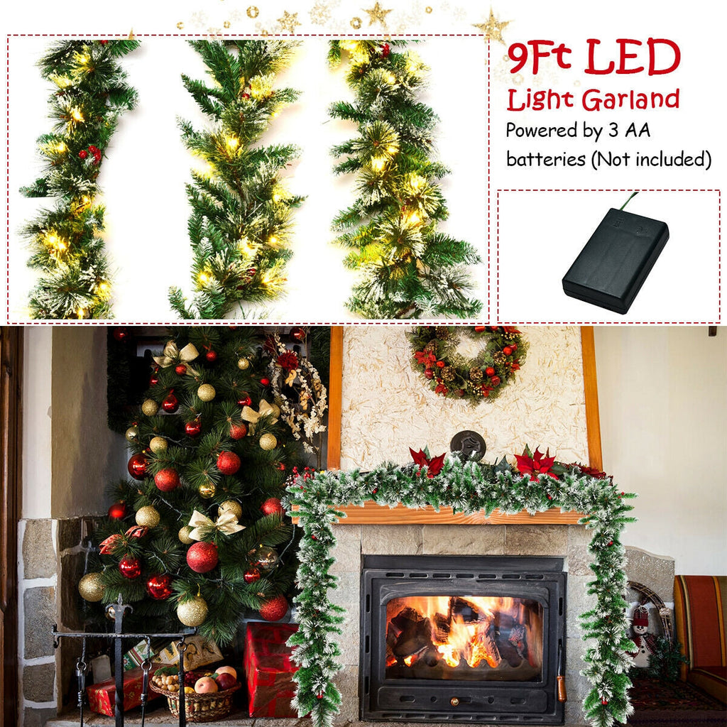9 Feet Pre-Lit Snow Flocked Tips Christmas Garland with Red Berries